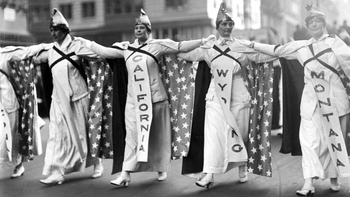 Taken October 23, during the parade of over 25,000 women advocated of equal suffrage, shows a close up view of the women representing California Wyoming and Montana. Three of the States of the Union in which women have been granted the franchise, as they paraded up Fifth Avenue.
