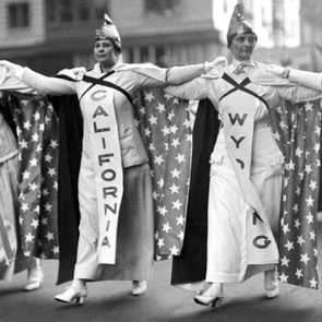 Taken October 23, during the parade of over 25,000 women advocated of equal suffrage, shows a close up view of the women representing California Wyoming and Montana. Three of the States of the Union in which women have been granted the franchise, as they paraded up Fifth Avenue.