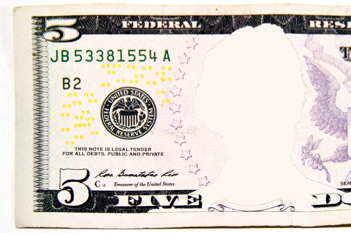 five dollar bill. no face.