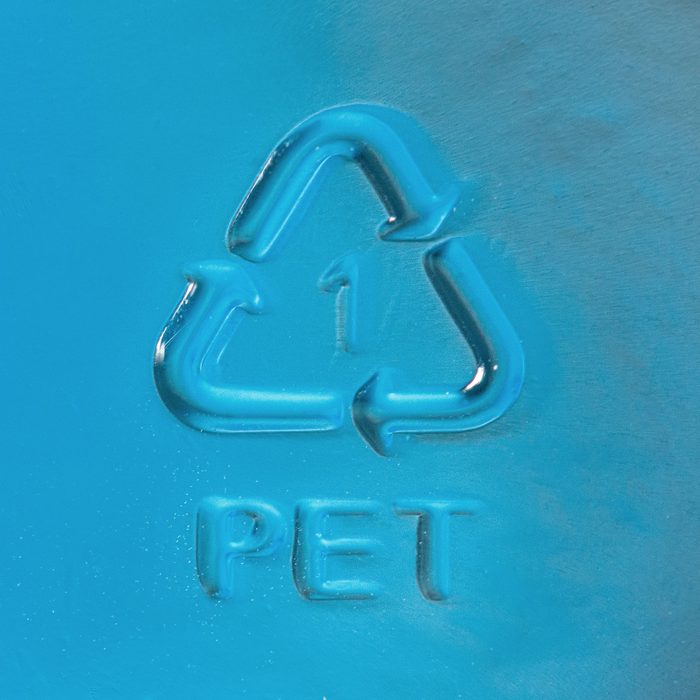 1 PET Recycle Symbol on blue plastic