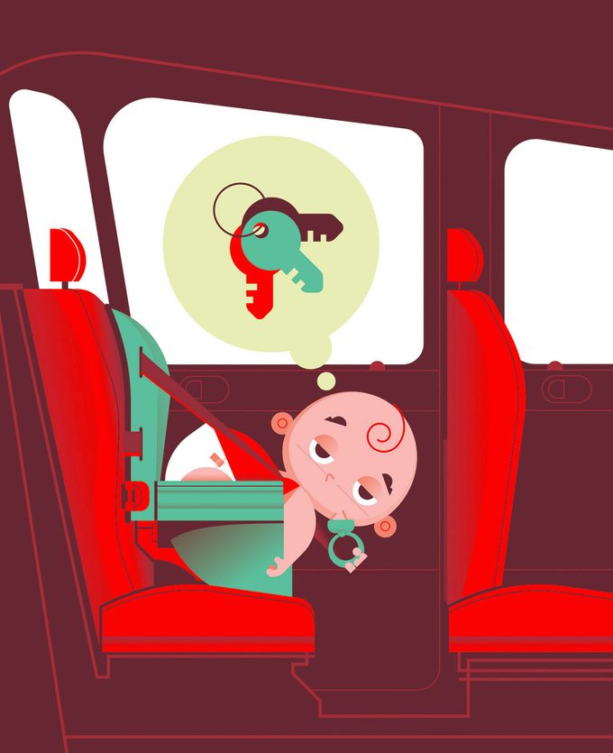 baby in the car thinking about his keys illustration by martin laksman