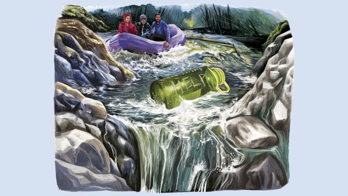 people in a raft nearing a waterfall illustration by gel jamlang