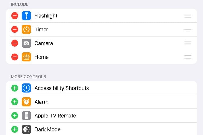 ipad screenshot. customize control center options.