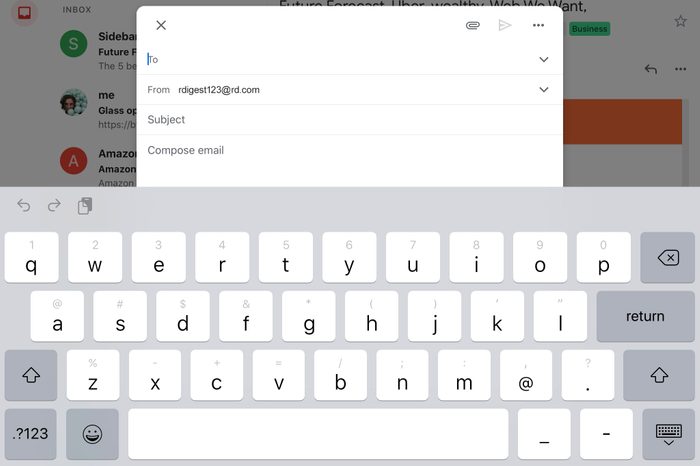 ipad screenshot. compose email screen showing keyboard