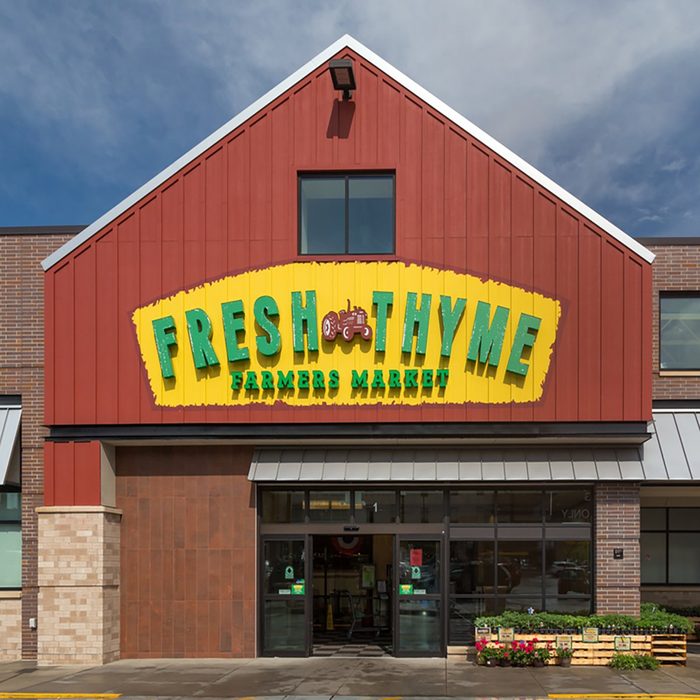 Fresh Thyme Farmers Market exterior and logo. Fresh Thyme is a chain of grocery stores in the United States.