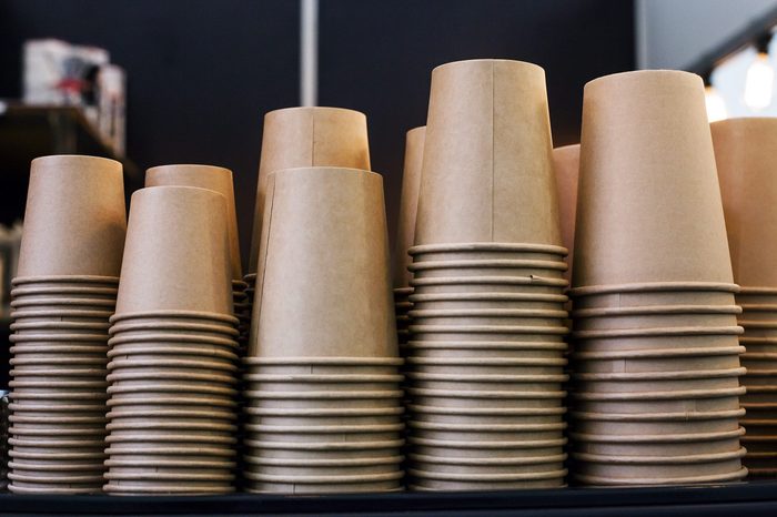 Stack of disposable coffee cup, selective focus