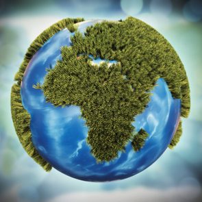 Stylized Earth globe with cartoony grass isolated on bokeh background