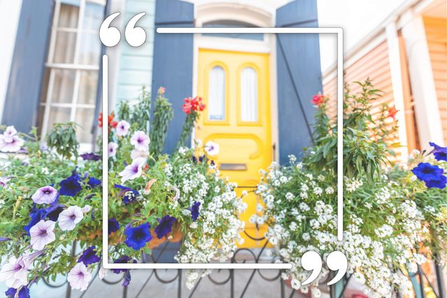 new orleans yellow front door with flowers on the gate. quotation marks frame overlay.