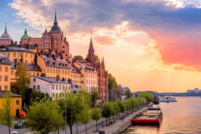 Stockholm, Sweden. Scenic summer sunset view with colorful sky of the Old Town architecture in Sodermalm district.