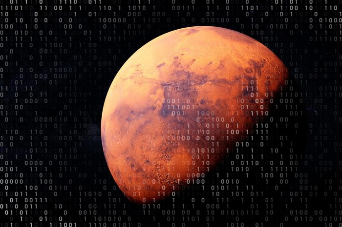 mars on black space background with computer code overlay