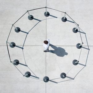 overhead view of a man within a circle of cordon posts