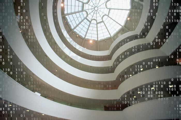 looking up inside the guggenheim museum in new york city with computer code overlay