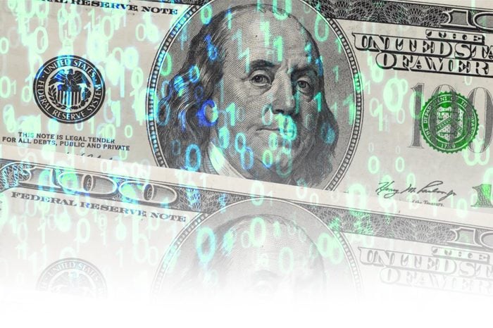 usa one hundred dollar banknotes among the binary code background, crypto currency and internet technology banking concept.