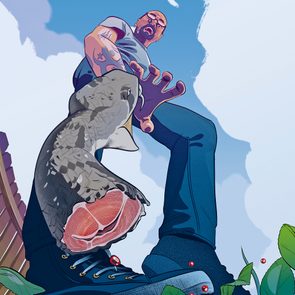 man and beheaded snake illustration