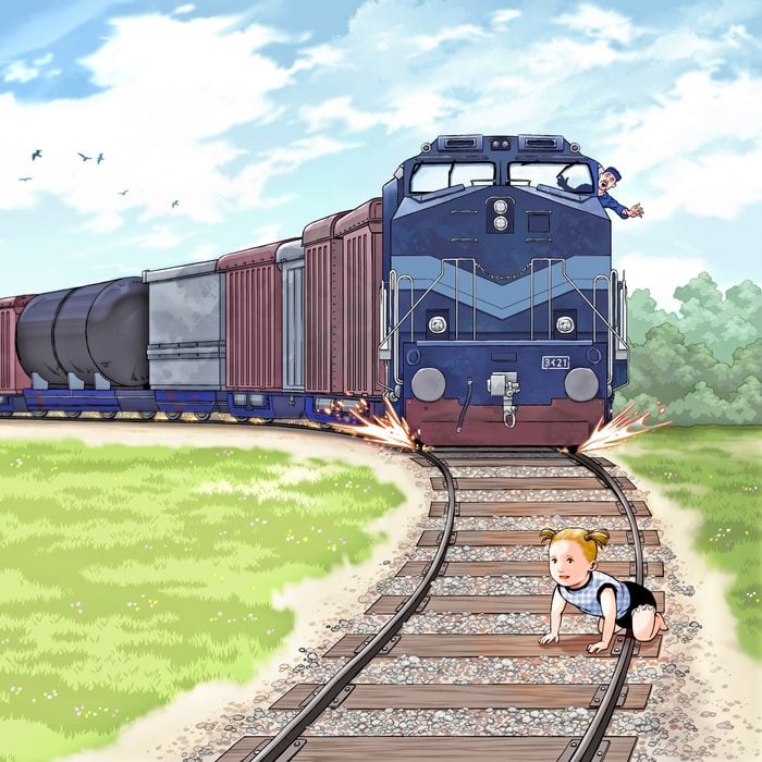 illustration; toddler on the train tracks with an incoming train