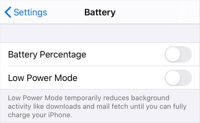 iphone screenshot. low power mode in battery settings.