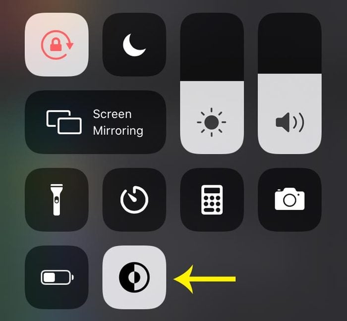 iphone screenshot. dark mode icon in control center.