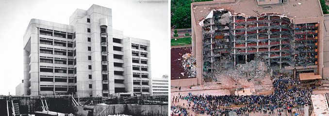 the building facade before and after the bombing