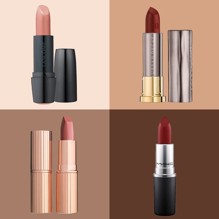 four lipsticks on skin tone colorblock background