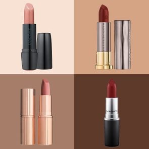 four lipsticks on skin tone colorblock background