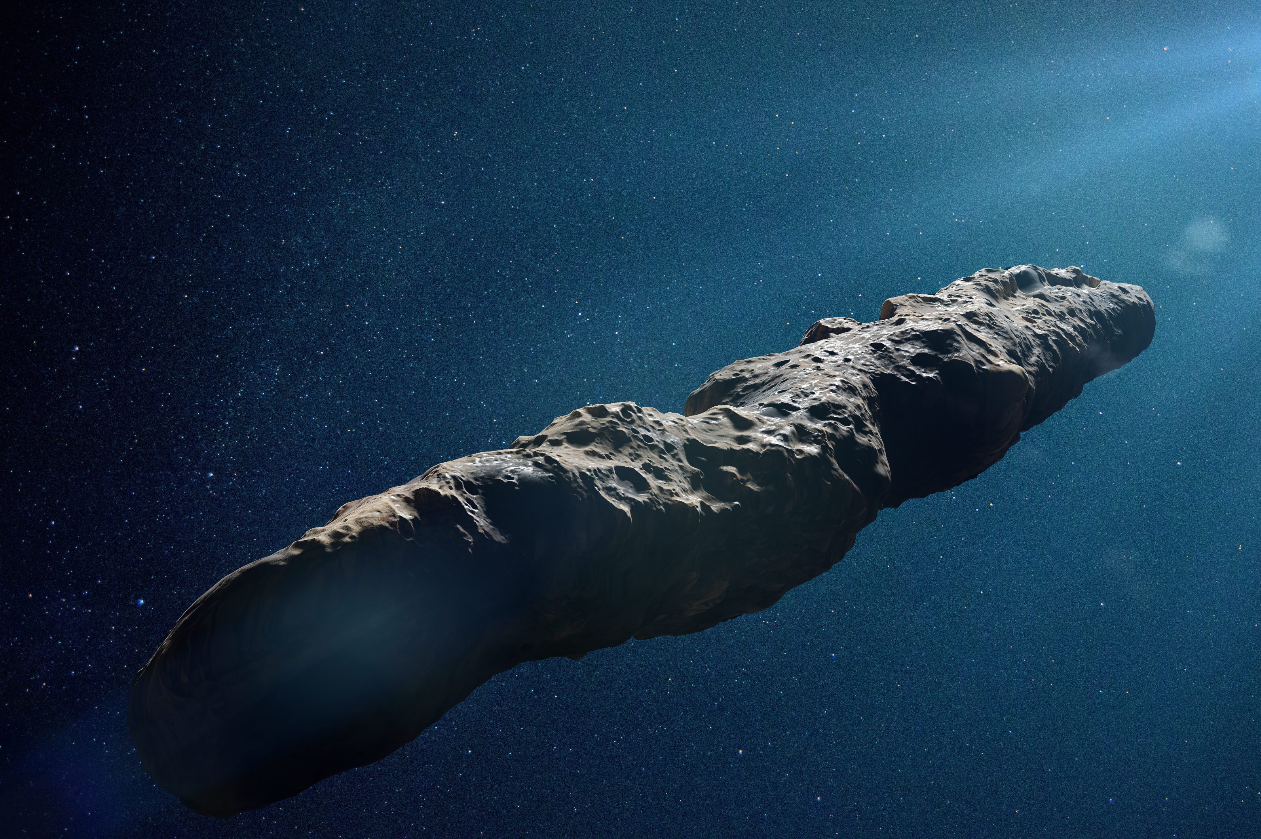 Oumuamua comet, interstellar object passing through the Solar System, unusual shaped asteroid