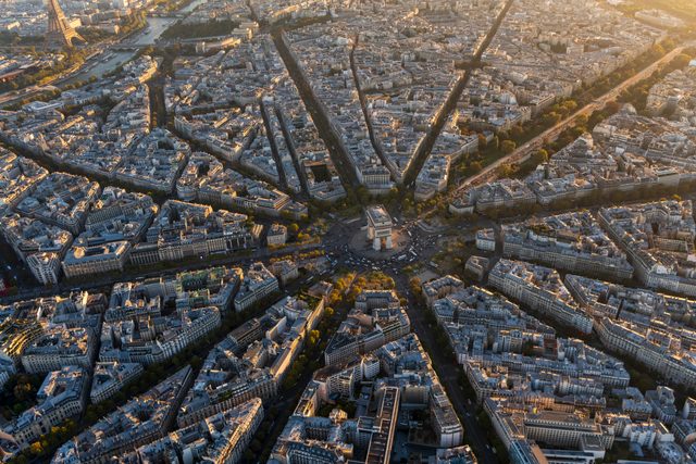 Aerial view of Arc de Triomphe in Paris France at sunset