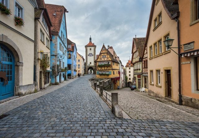 Famous intersection with stunning medieval buildings in Rothenburg Germany