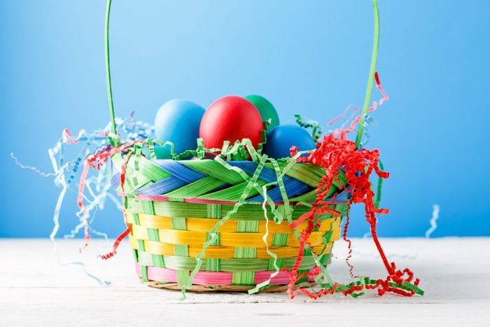 Photo of basket with colorful eggs