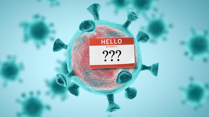 rendering of a virus with a "hello my name is" sticker. concept.