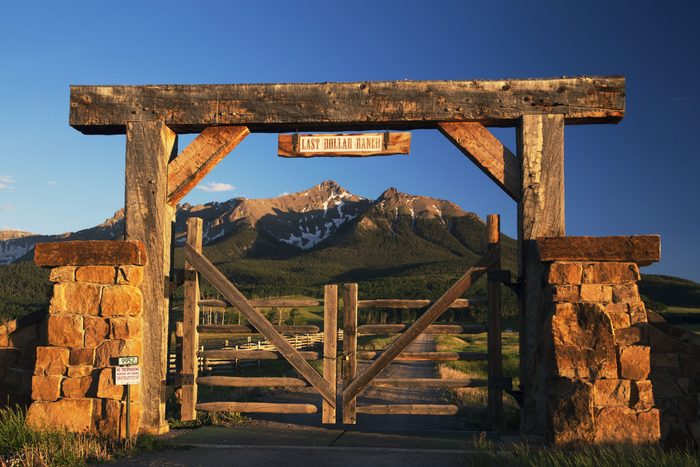 Historic Last Dollar Ranch gate, Hastings Mesa, Route 58p, near Ridgway, Colorado