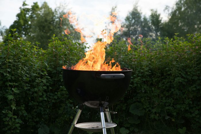 Close-Up Of Fire In Barbecue Against Plants
