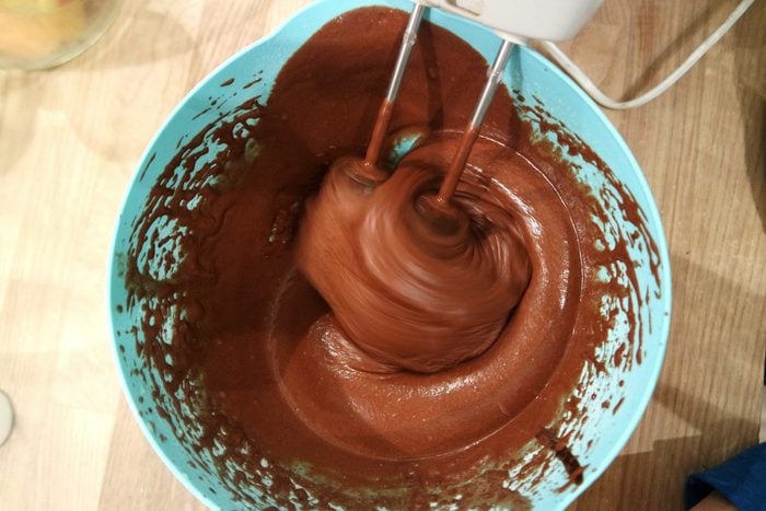 Chocolate Batter In Blue Mixing Bowl