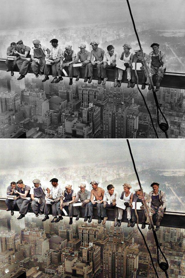 colorized lunch on a skyscraper beam