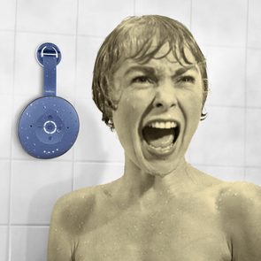 Psycho movie still with smart speaker on the shower wall