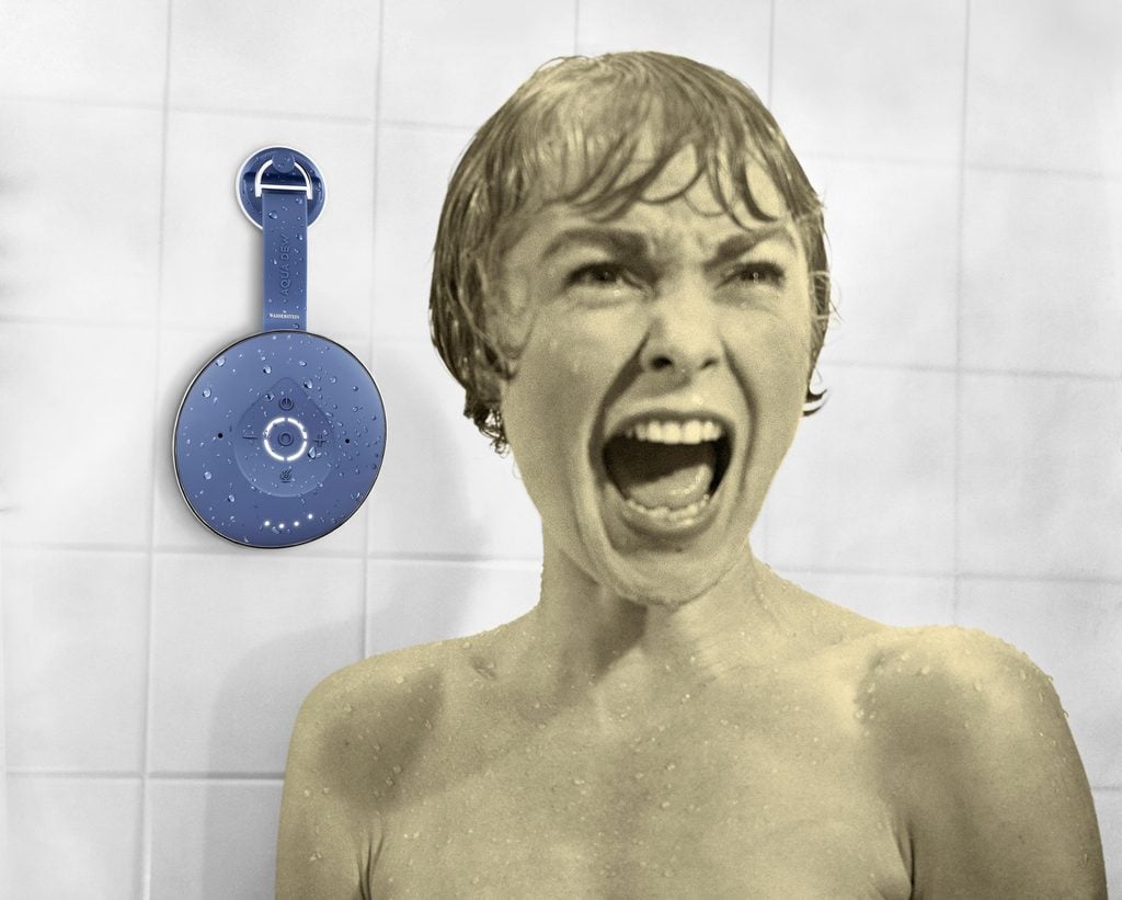 Psycho movie still with smart speaker on the shower wall