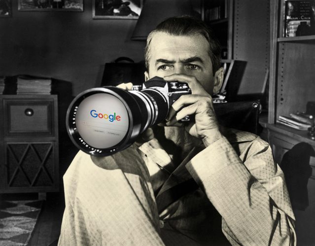 rear window movie still with google homepage in camera lens