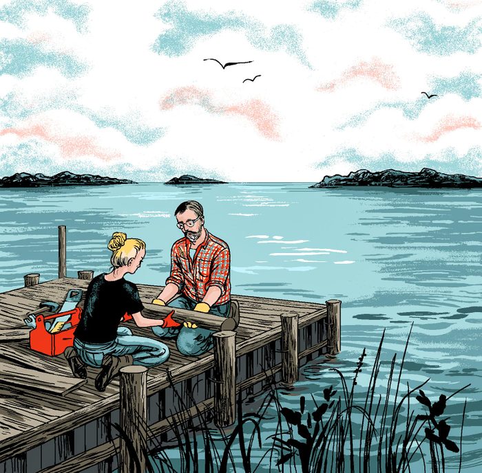 illustration by Agata Nowicka of father and daughter working together