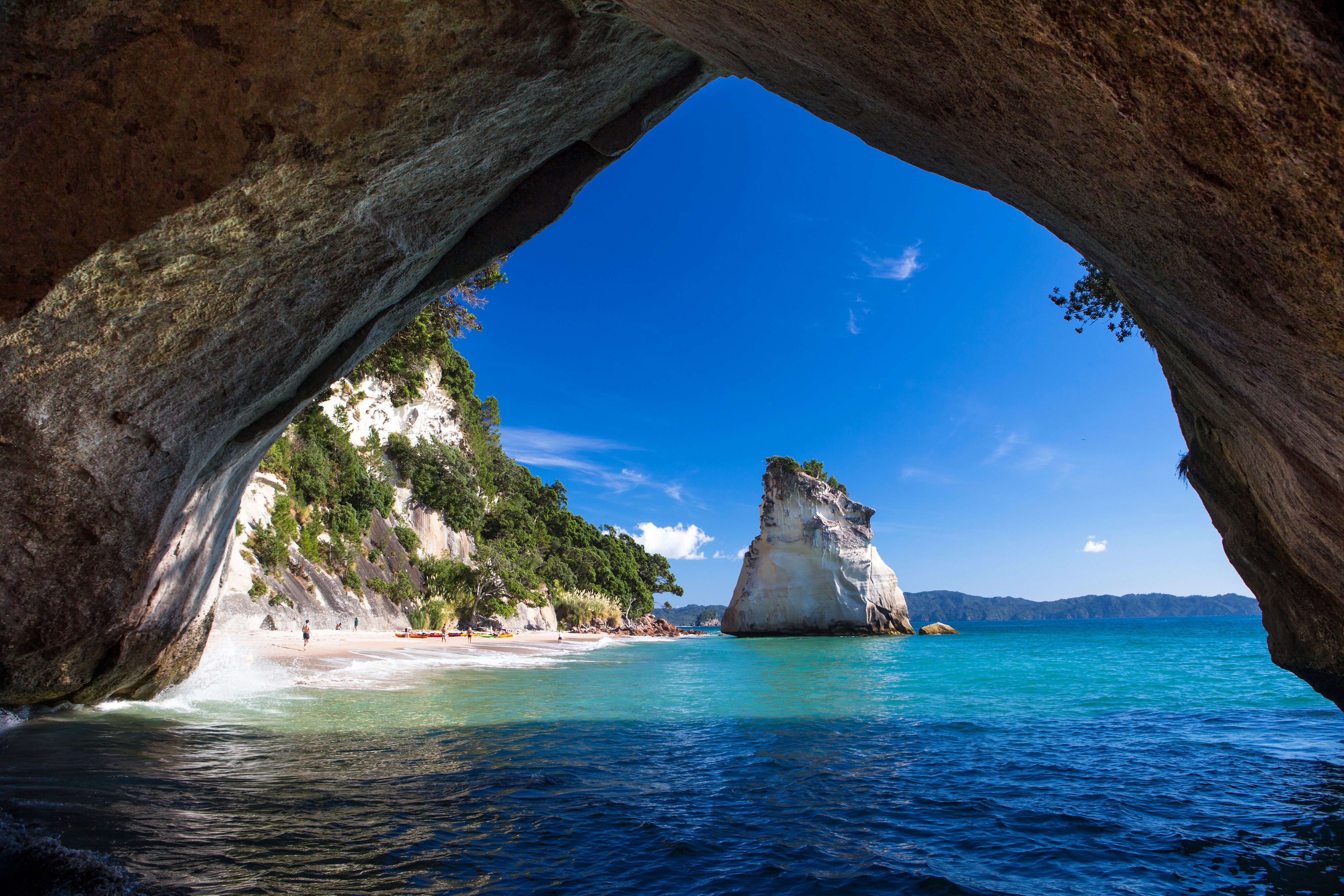A Silhouette of New Zealand's famed Cathedral Cove and one of the most iconic landmarks in the country.