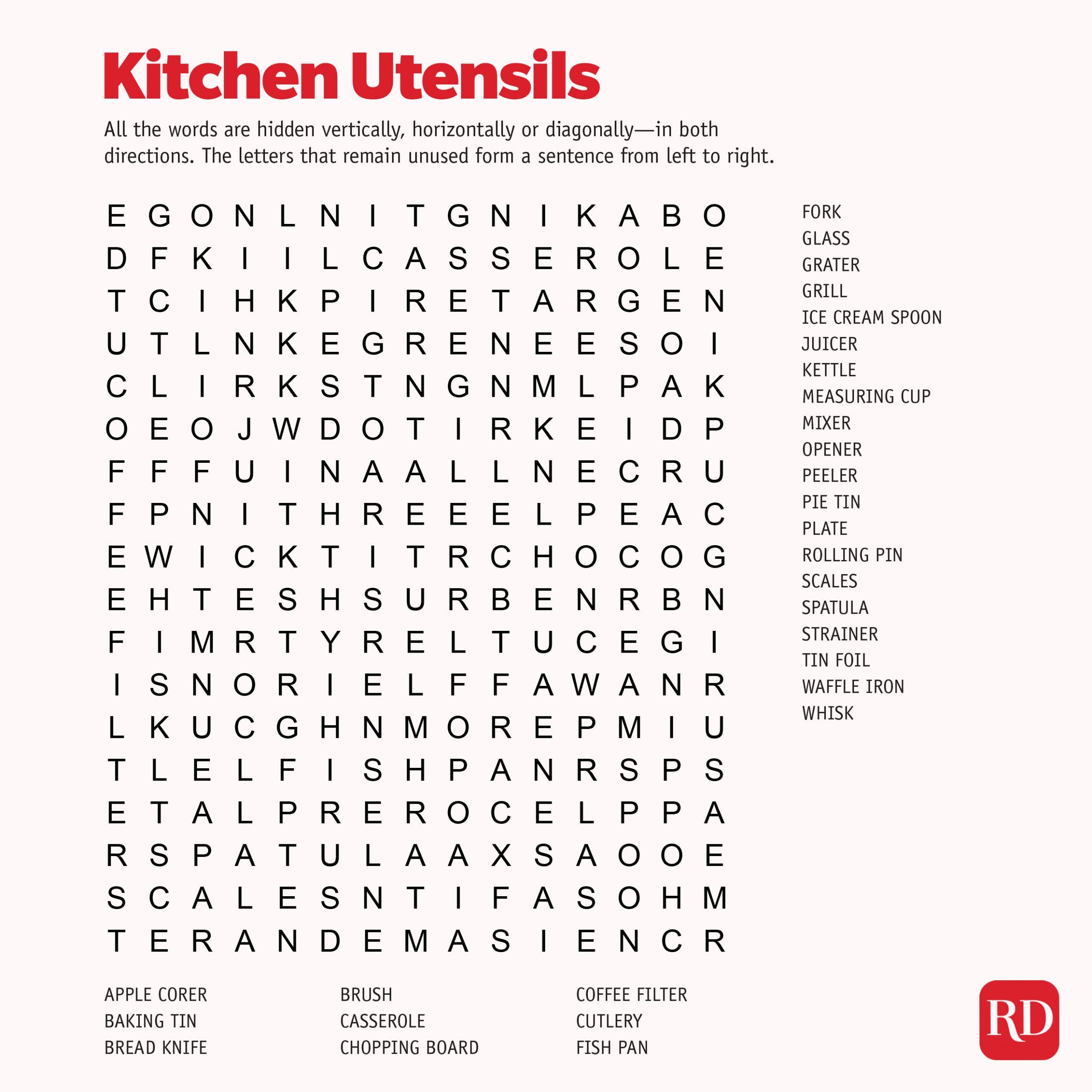 Kitchen utensils Word search