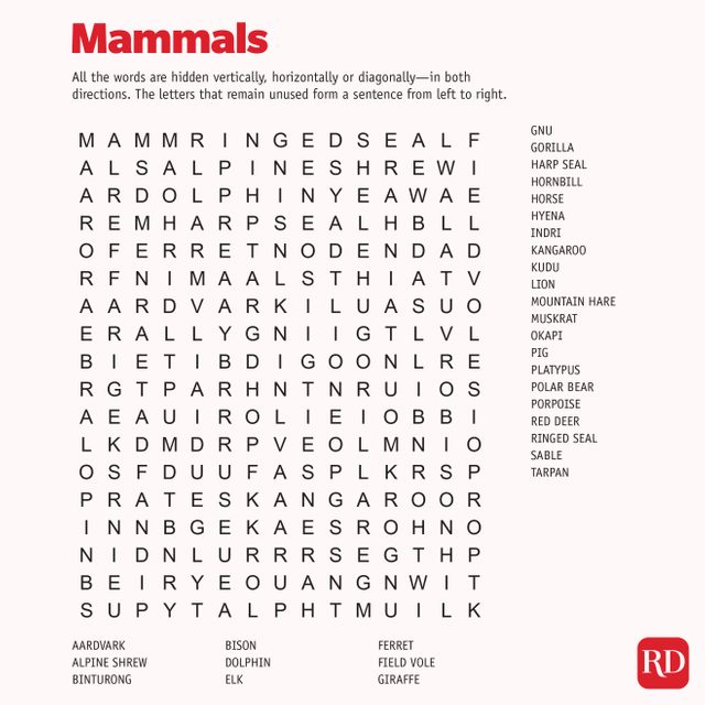 Mammals Word search
