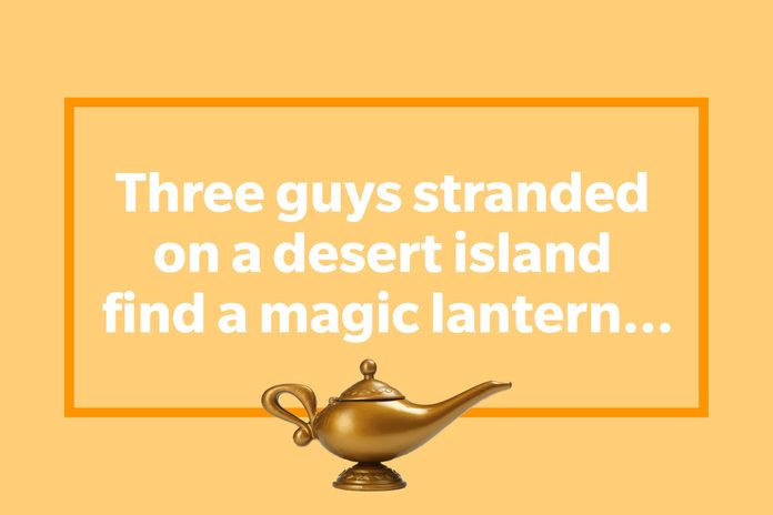 Three guys stranded on a desert island find a magic lantern