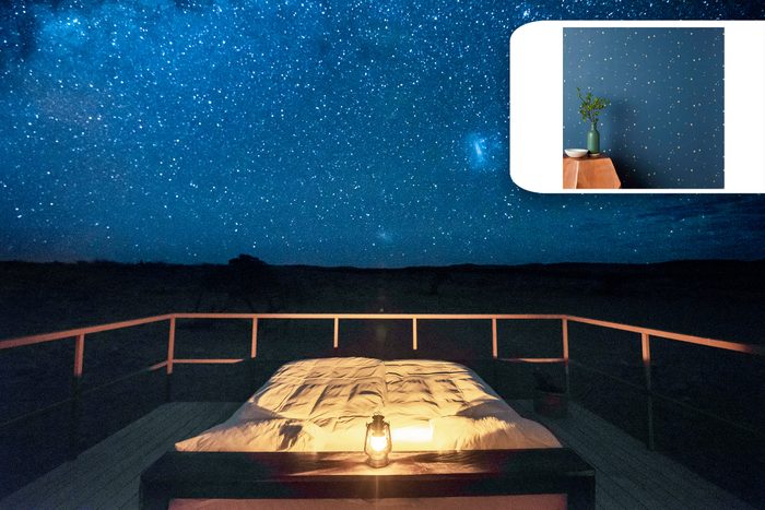 starry sky over a bed with shopping recommendation