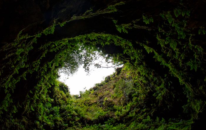 Entrance to the Algar do Carvão cave in Terceira, Azores islands, Portugal