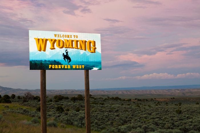 Cowboy on bucking bronco on Welcome to Wyoming sign, Wyoming, United States
