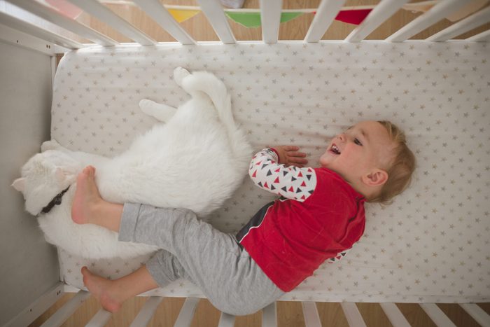 Baby boy putting his feet on the cat in the crib