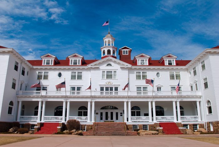 Stanley Hotel with blue sky in Estes Park, Colorado