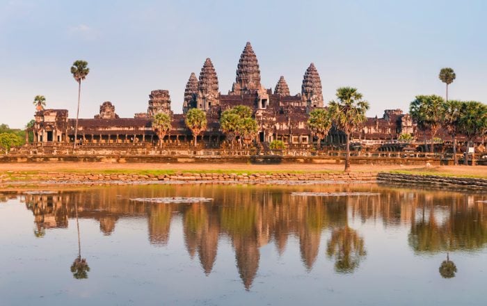 Panorama of Angkor Wat Cambodia Ruins and Reflection