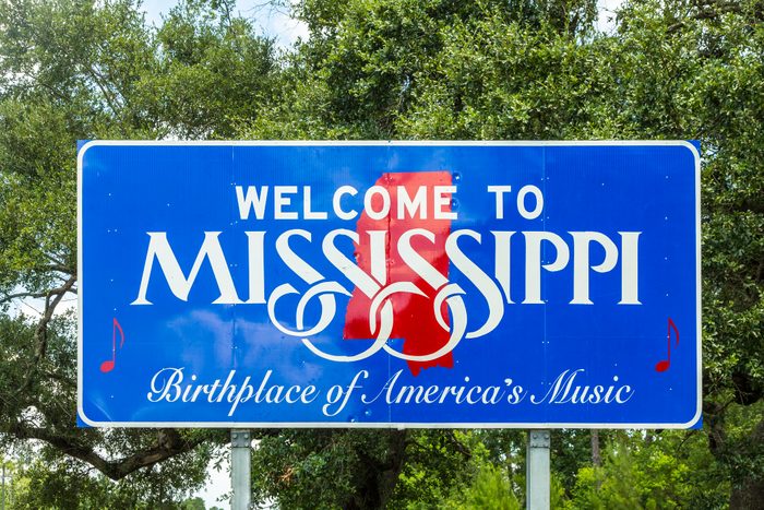 Welcome to Mississippi sign in blue and red