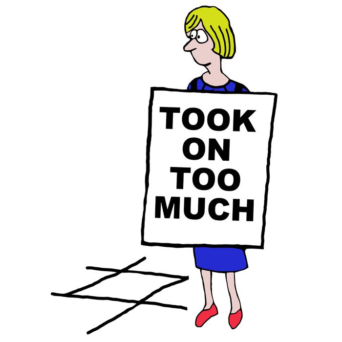 Cartoon of businesswoman wearing sandwich board sign: took on too much.