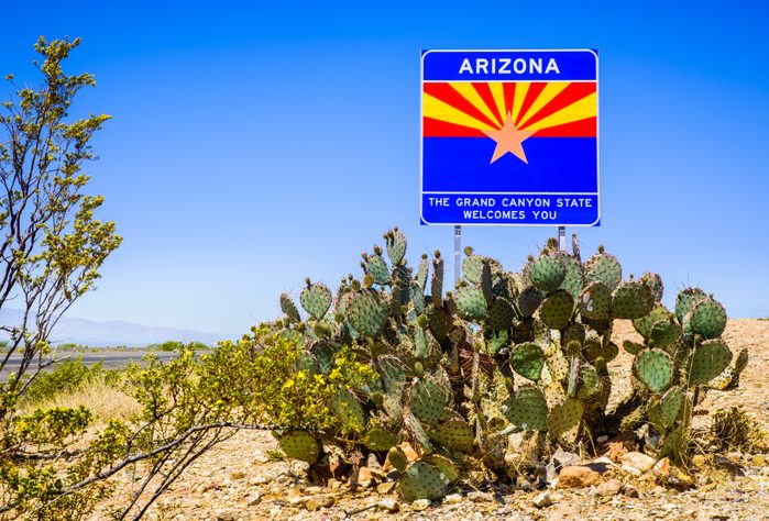 Arizona State highway welcome sign with cactus, mountains, and sky